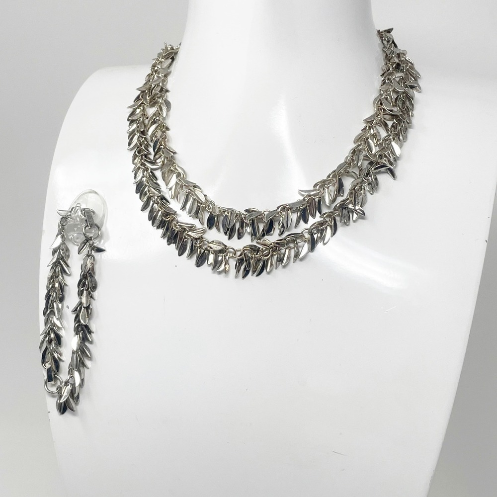Vintage Silver Tone Leaf Fringe Necklace Bracelet 3 Piece Set Multi-Strand MCM